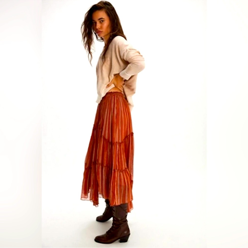 NWOT Free People One Ember Printed Flowy Midi Skirt In Terracotta Stripe size S